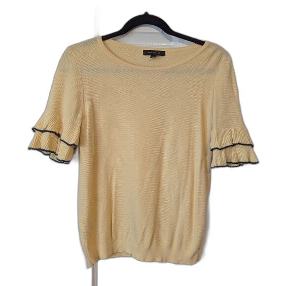 Ann Taylor Knit Top Women’s Medium Light Yellow w/ Navy Ruffle Sleeves - Picture 1 of 5